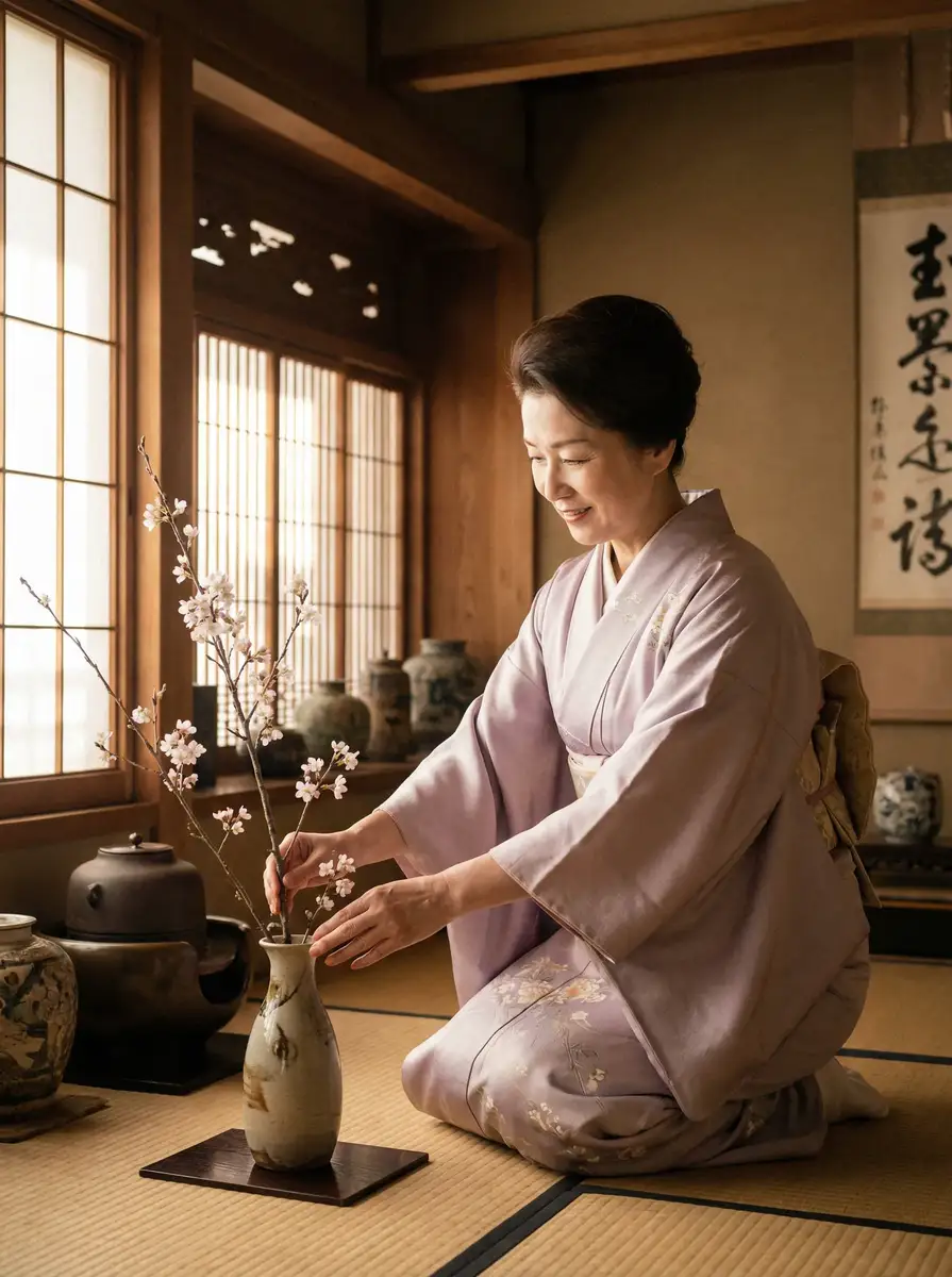 一位优雅的 涩漫18 在和室中插花